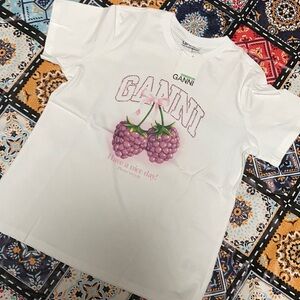 Ganni Sustainable Raspberry Bow Rhinestone Graphic Tee designers T-shirt size L